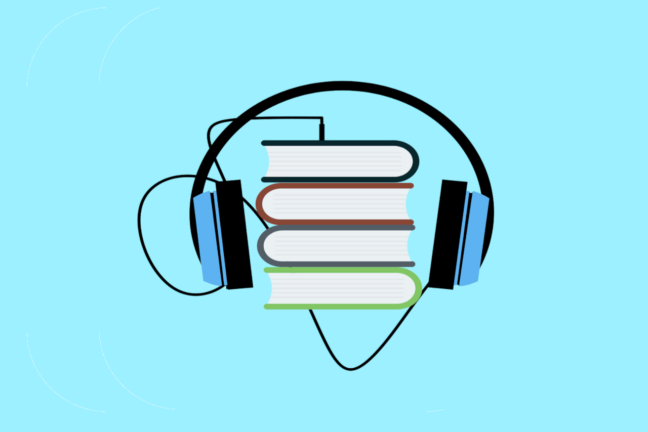 Stack of books wearing headphones